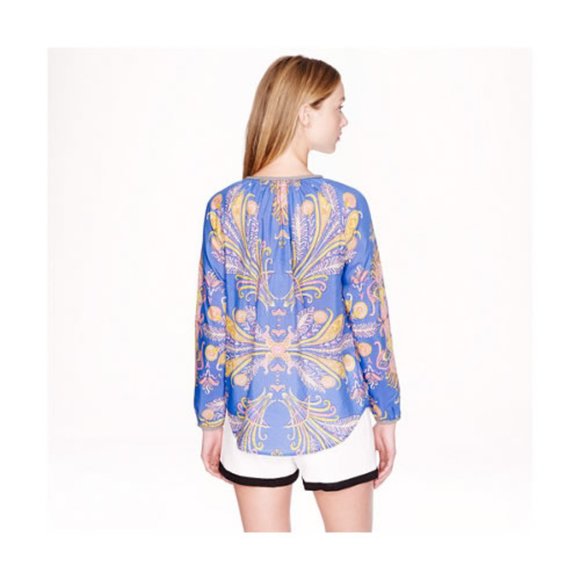 J.Crew Cotton Silk Feather Paisley Printed Blouse popover XS 0 2 - Picture 3 of 16